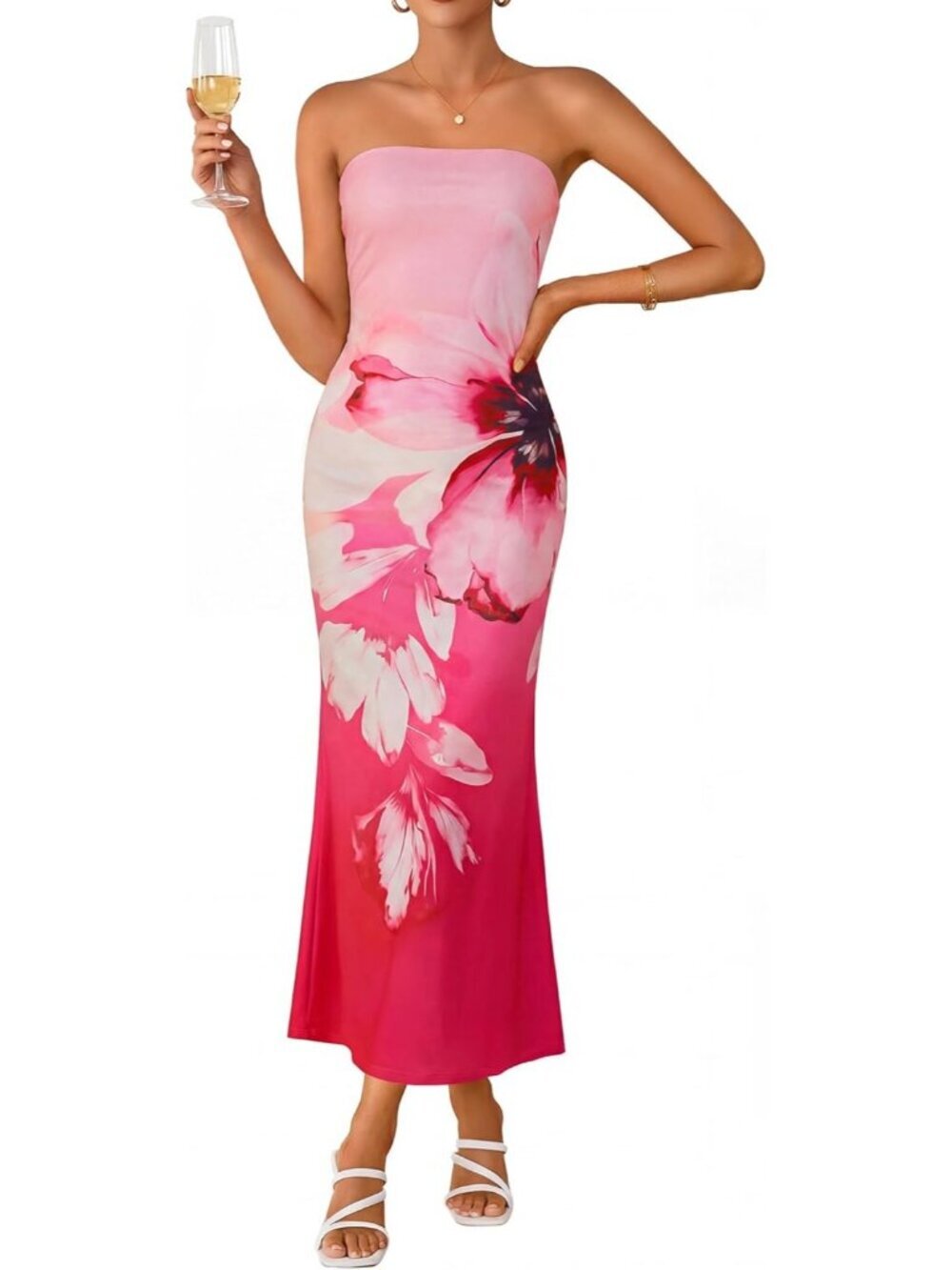 Women's Pink Summer Formal Off Shoulder Strapless Floral Bodycon Maxi Dress